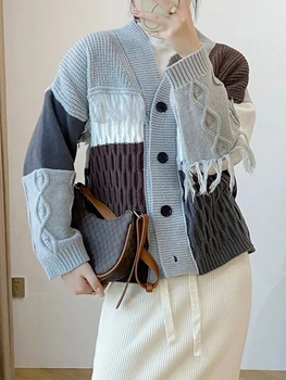 Женский винтажный кардиган с цветными блоками, с открытыми плечами, с V-образным вырезом, украшенный кисточками, топы-свитера, осенне-зимняя женская одежда  3