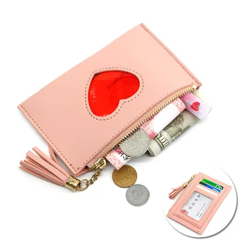 Женский короткий кошелек Cute Love Heart с несколькими отделениями для карт, женский кошелек с карманом для монет, украшенный кисточками, клатч на молнии  5