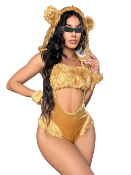 Женский костюм кошки, нижнее белье Babydoll с вырезом на спине, боди с капюшоном и браслет для эротического косплея, ночное белье  5