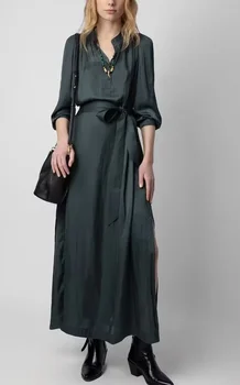 Женский халат со стоячим воротником, на шнуровке, на талии, с длинным рукавом, винтажное женское платье миди ранней весны 2024 года  5