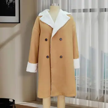 Женский шерстяной жакет, стильное женское двубортное пальто средней длины с плюшевым теплым воротником-стойкой на осень для поездок на работу  4