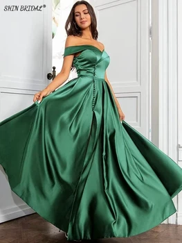 Женское вечернее платье с вырезом лодочкой и открытыми плечами, свадебное платье с открытой спиной, трапециевидной формы, с высоким разрезом, длиной до пола  5