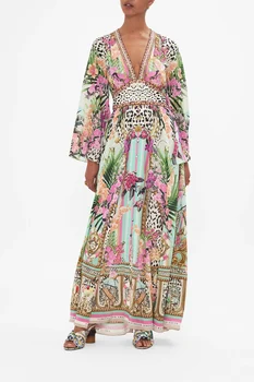 Женское длинное платье с шелковым принтом, модное платье макси с высокой талией, v-образным вырезом и длинным рукавом  4