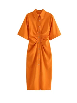 Женское модное платье-рубашка с воротником-поло на пуговицах и миди-складкой, Винтажное женское платье с коротким рукавом и боковой молнией, майка на бретелях  5