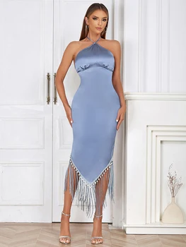 Женское Новое Сексуальное Длинное платье со шнуровкой и кисточками, синее платье без рукавов с открытой спиной, украшенное бисером и кисточками, Тонкое Макси-платье, Вечерние платья для вечеринок  5
