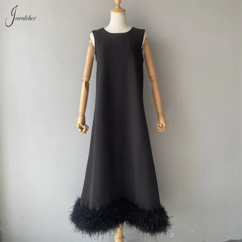Женское платье Jxwatcher в стиле пэчворк из страусиных перьев, весенняя элегантность, длинные платья с круглым вырезом, без рукавов, Однотонная осенняя новинка  5