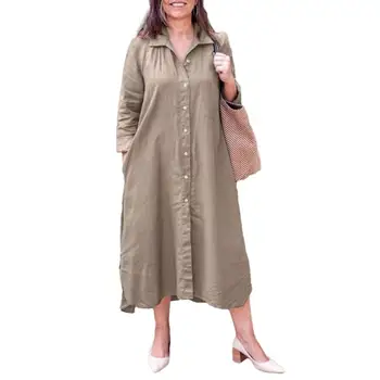 Женское свободное платье с отворотами, длинными рукавами и карманами на весну-осень  4