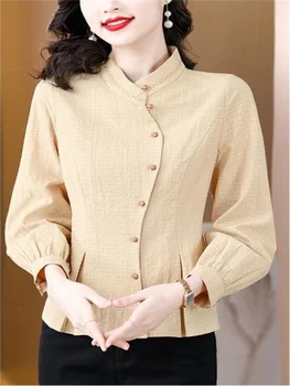 Женственная клетчатая рубашка, женские блузки, кардиган со стоячим воротником, топ, нерегулярные рубашки, тонкая блузка, лоскутная женская рубашка на пуговицах  5