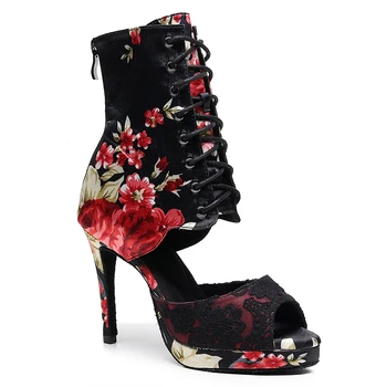 Женщина Латинской бальные черные цветы печати танцевальная обувь замша кожаная подошва Джаз Сальса кубинская тонкие каблуки дамы открытым носком на шпильке  5