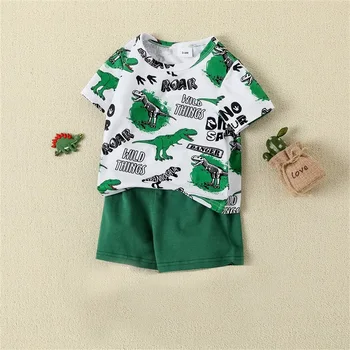 Зеленый наряд с динозавром для мальчика, Рубашка с короткими рукавами и шорты с принтом, Комплект летней одежды  5