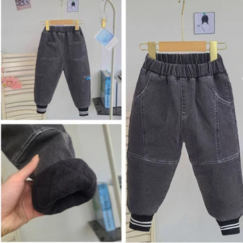 Зимние детские однотонные утепленные джинсы, спортивные брюки с эластичной резинкой на талии для мальчиков, одежда для детей от 2 + лет, осенние джинсовые брюки для девочек длиной до щиколотки  5