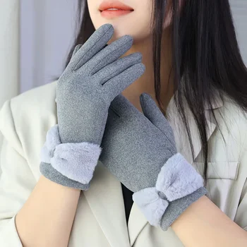 Зимние женские перчатки с бантом, элегантный сенсорный экран, бархатные варежки, эластичная перчатка  5