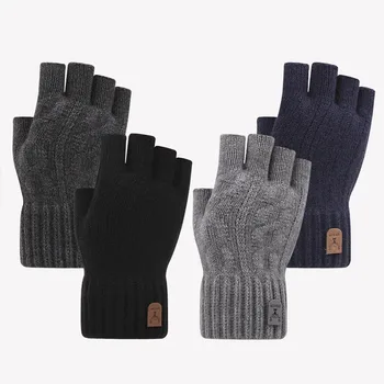 Зимние перчатки для мужчин с полупальцами, Офисные велосипедные Вязаные перчатки, Студенческие теплые толстые эластичные перчатки для вождения из шерсти Альпаки  5