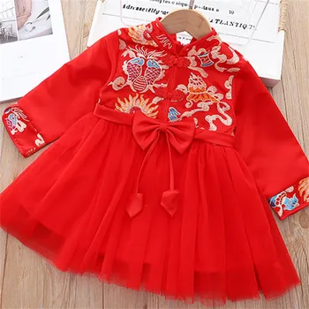 Зимние Теплые платья Hanfu для малышей Для маленьких девочек Китайский Календарь Подарок на Новый Год Платье принцессы с вышивкой на флисовой подкладке  4