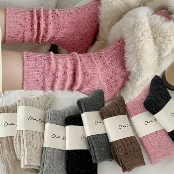 Зимние шерстяные вязаные носки в ретро-стиле, цветные чулки в горошек для девочек, утепленные кашемировые носки в корейском стиле для помещений  2