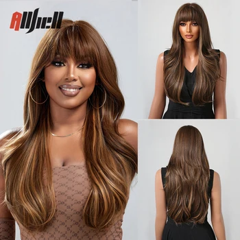 Золотисто-коричневый парик Омбре для чернокожих женщин, длинный волнистый синтетический парик из термостойкого волокна, накладные волосы для афро-косплея Ежедневно  5