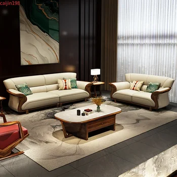 Изготовленный на заказ Новый кожаный диван в китайском стиле, легкая роскошная гостиная, тип небольшого дома, новый итальянский простой диван из массива дерева и черного дерева  4