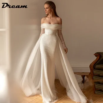 Изысканные свадебные платья русалки DREAM с открытыми плечами, расшитые бисером, Длинные рукава, съемный шлейф, богемные свадебные платья  2