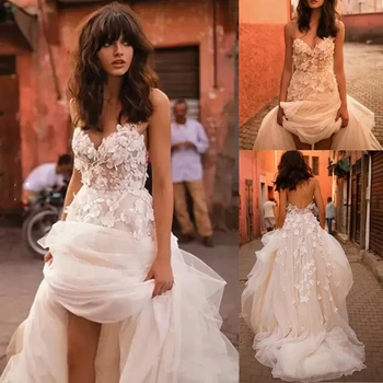 Изящное кружевное платье с V-образным вырезом, иллюзия трапециевидной формы, Винтажное платье с фатиновыми аппликациями на пуговицах, свадебные платья на заказ невесты 2023  1