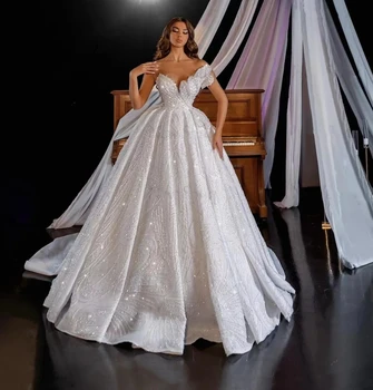 Изящные свадебные платья трапециевидной формы без бретелек, расшитые бисером и блестками, свадебные платья принцессы, блестящие, сшитые на заказ, Vestidos De Novia  2