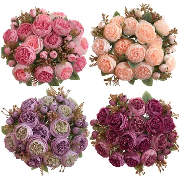Искусственные цветы, шелковый букет пионов, украшение для гостиной, имитация чайного бутона, Розовые пионы, зеленое растение, декор для вечеринки  0