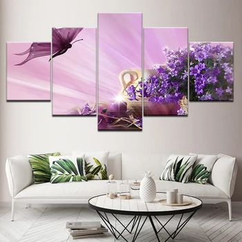Картина на холсте с романтическим фиолетовым цветком, 5 предметов, настенная живопись в скандинавском стиле, Модульные обои, плакат, домашний декор для гостиной  4