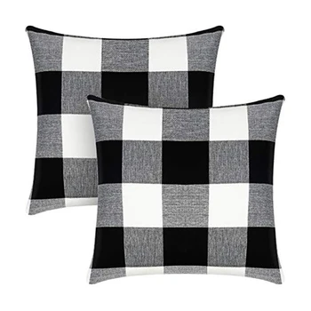 Квадратная подушка в клетку на открытом воздухе в фермерском доме, простой стиль, подушка из спандекса, наволочка из черно-белого льна  5