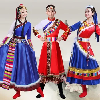 Китайские Тибетские танцевальные костюмы для женщин, сценическое представление для национальных танцев, традиционная одежда Синий Красный  5