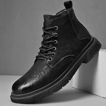 Классические мужские рабочие ботинки на осень-зиму, коричневые туфли с высоким берцем в стиле ретро, мужская деловая обувь из натуральной кожи, повседневная шнуровка  5