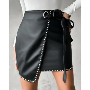 Кожаные узкие юбки-карандаши, сексуальные женские короткие юбки из искусственной кожи Wepbel, асимметричная юбка с высокой талией, завязанная на петельку и украшенная шипами.  5