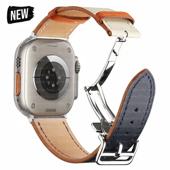 Кожаный ремешок с раскладывающейся пряжкой для Apple Watch Серии 9 8 7 45 мм 41 мм Ultra 2 49 мм Ремешок из натуральной кожи для iWatch 6 5 Se 4 3 2  0