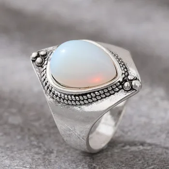 Кольцо с имитацией опала в винтажном этническом стиле для женщин, кольца с лунным камнем цвета античного серебра, Ювелирные украшения, Аксессуары, подарки для девочек  4