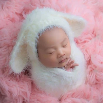 Комплект из эластичной вязаной пушистой накидки для новорожденных и кроличьей шапки, Вязаный крючком Мохеровый чепчик для новорожденных, реквизит для фотосъемки  10