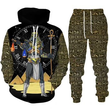 Комплекты брюк Anubis, египетская мужская толстовка, комплект из 2 предметов, забавный мужской костюм с 3D рисунком головы волка, Уличная тайна, мужская одежда  2