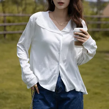 Корейская гофрированная белая рубашка, женская мода, минималистичный стиль, Удобные блузки, свободный плиссированный хлопковый кардиган с длинным рукавом  5