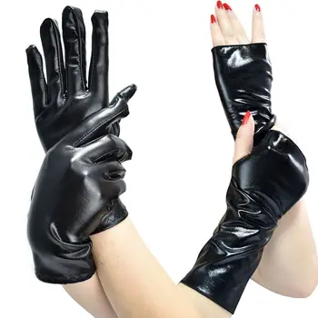 Короткие перчатки из лакированной кожи без пальцев, черные перчатки без пальцев, кожаные перчатки для танцев в стиле панк, хип-хоп, на Хэллоуин, кожаные перчатки в стиле Лолита  5