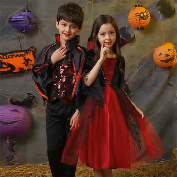 Костюм вампира для девочек, праздничное платье принцессы на Хэллоуин, детские платья для косплея, детская одежда со стоячим воротником, тюлевое кружево, черно-красная одежда  5