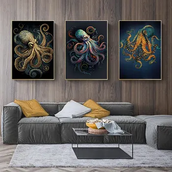 Красочная картина на холсте с золотым осьминогом, Винтажный плакат в скандинавском стиле, изображение морского организма, настенный декор в коридоре ресторанного зала  3