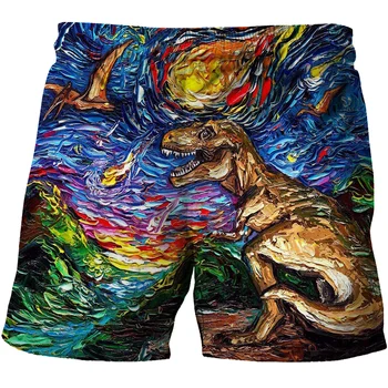 Креативная картина маслом с рисунком динозавра, детские шорты, повседневные мягкие пляжные шорты для мальчиков, летняя быстросохнущая спортивная одежда для девочек  4