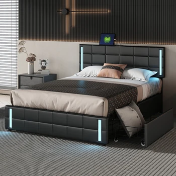 Кровать-платформа со светодиодной подсветкой и USB-зарядкой, кровать для хранения с 4 ящиками, черная  4