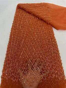 Кружевная ткань с Африканскими жемчужинами и блестками 2024, Высококачественные Французские Тяжелые бусины, новейшие Нигерийские кружевные ткани для вечернего платья  5