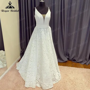 Кружевное Свадебное Платье с Глубоким V-образным Вырезом для Женщин 2024 на Тонких Бретельках Свадебное Платье На Заказ robe de soirée femme Roycebridal  5
