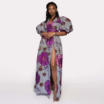 Летнее Макси-платье с V-образным вырезом и пышными рукавами, африканские платья для женщин 2023, повседневный Сексуальный халат с высокой талией и разрезом, женская африканская одежда  5