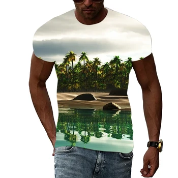 Летние мужские футболки с рисунком пальмы, футболки с изображением 3D природных пейзажей, Модные красивые футболки с коротким рукавом, топ  5