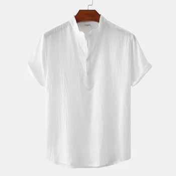 Летние мужские хлопчатобумажные льняные рубашки 2023, Летняя однотонная дышащая Гавайская пляжная рубашка с коротким рукавом, мужская повседневная блузка для мужчин  10