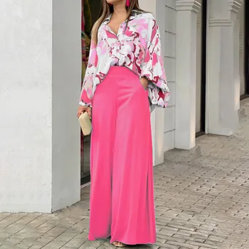 Летние наряды в Корейском стиле, Женская рубашка с цветочным принтом, топ с длинным рукавом и Широкие брюки с завышенной талией, Повседневные комплекты Оверсайз, 2 штуки  4