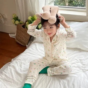 Летние Пижамные Комплекты Для девочек, Милая Пижама в корейском стиле с цветочным Рисунком, 100% Хлопок, Свободная Домашняя Одежда для Малышей, от 2 до 12 Лет  5