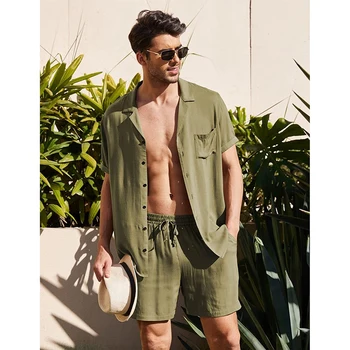 Летний пляжный мужской льняной костюм, модный Свежий тонкий однотонный мужской костюм для ежедневных путешествий, повседневные короткие рубашки и шорты из 2 предметов  5