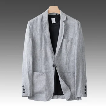 Летний Тонкий льняной костюм, пиджак, мужской деловой повседневный тренд, блейзеры в стиле Вестерн, мужские весенне-осенние модные топы  5
