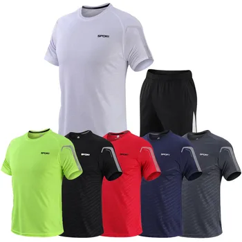 Летняя мужская футболка для спортзала + шорты, комплект для бега, повседневная одежда для фитнеса, Спортивные рубашки больших размеров, шорты, Комплекты для бега трусцой, Новый бренд  4